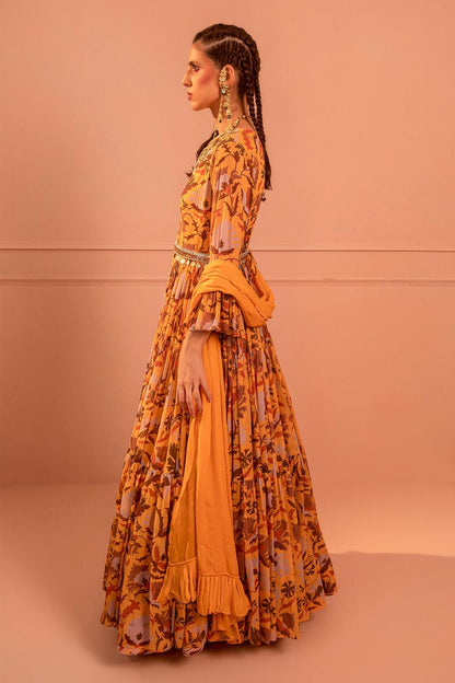 Yellow Chiffon Printed Anarkali With Dupatta