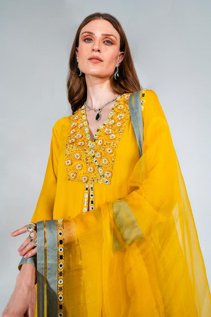 Yellow Georgette Floral Applique Embroidered Kurta Set